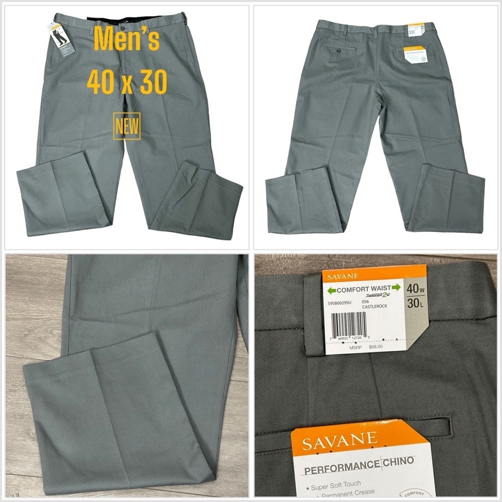 Men's SAVANE 40 x 30 Chino Pants Slacks Gray Straight Fit Cotton Comfort NWT